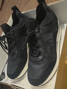 Michael Kors Woman Black  & Leather Lace-Up Sneakers